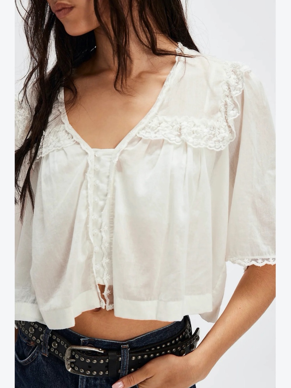 Free People Luna Top in Optic White 100% Cotton with Lace Size Small